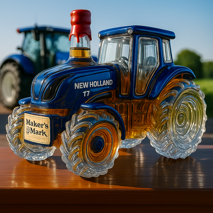 Klasszikus whiskey palack New Holland T7 traktor formájában