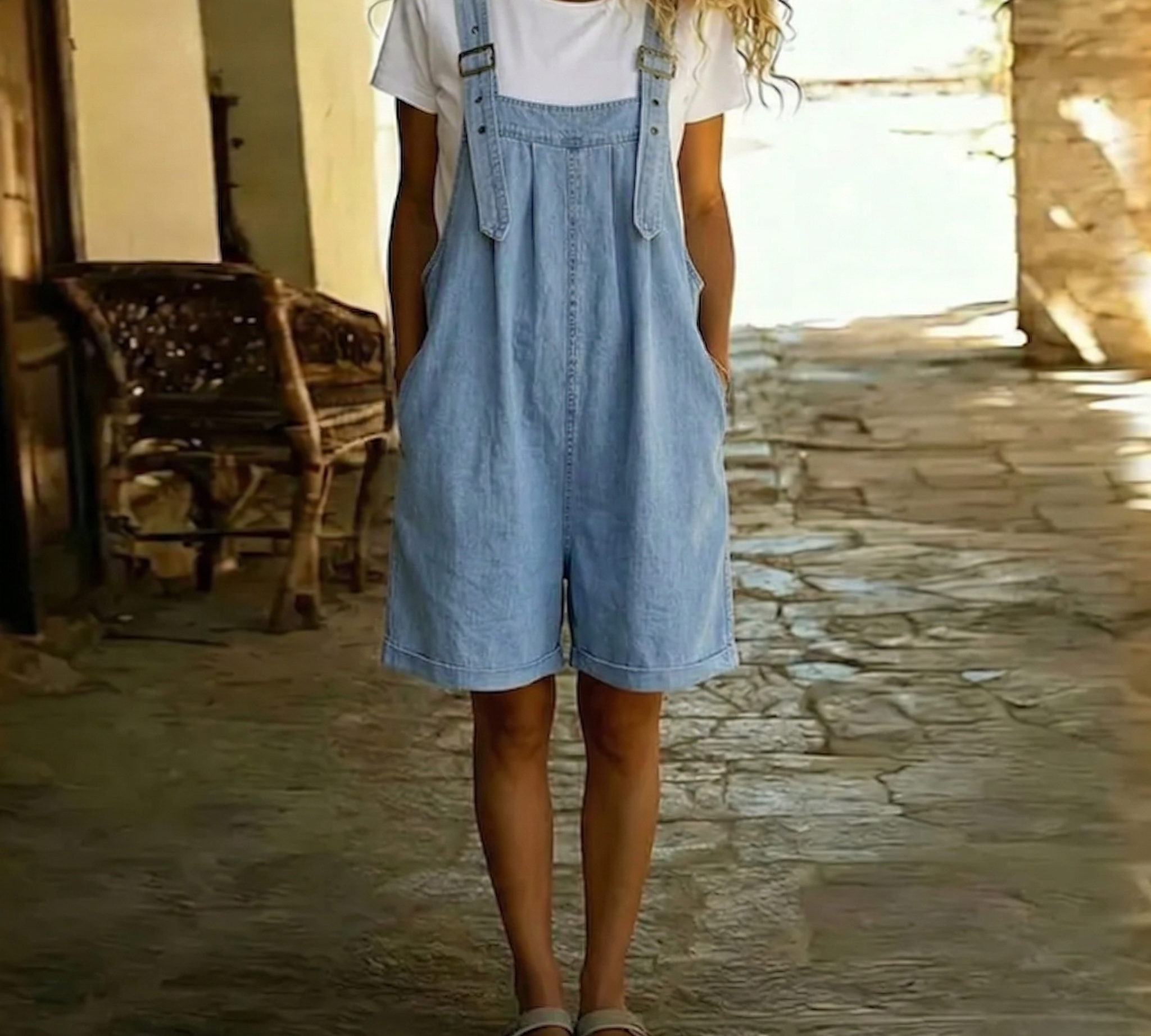 Clara | Vintage Washed Soft Cotton Feel Denim Rövid Overall Világoskék