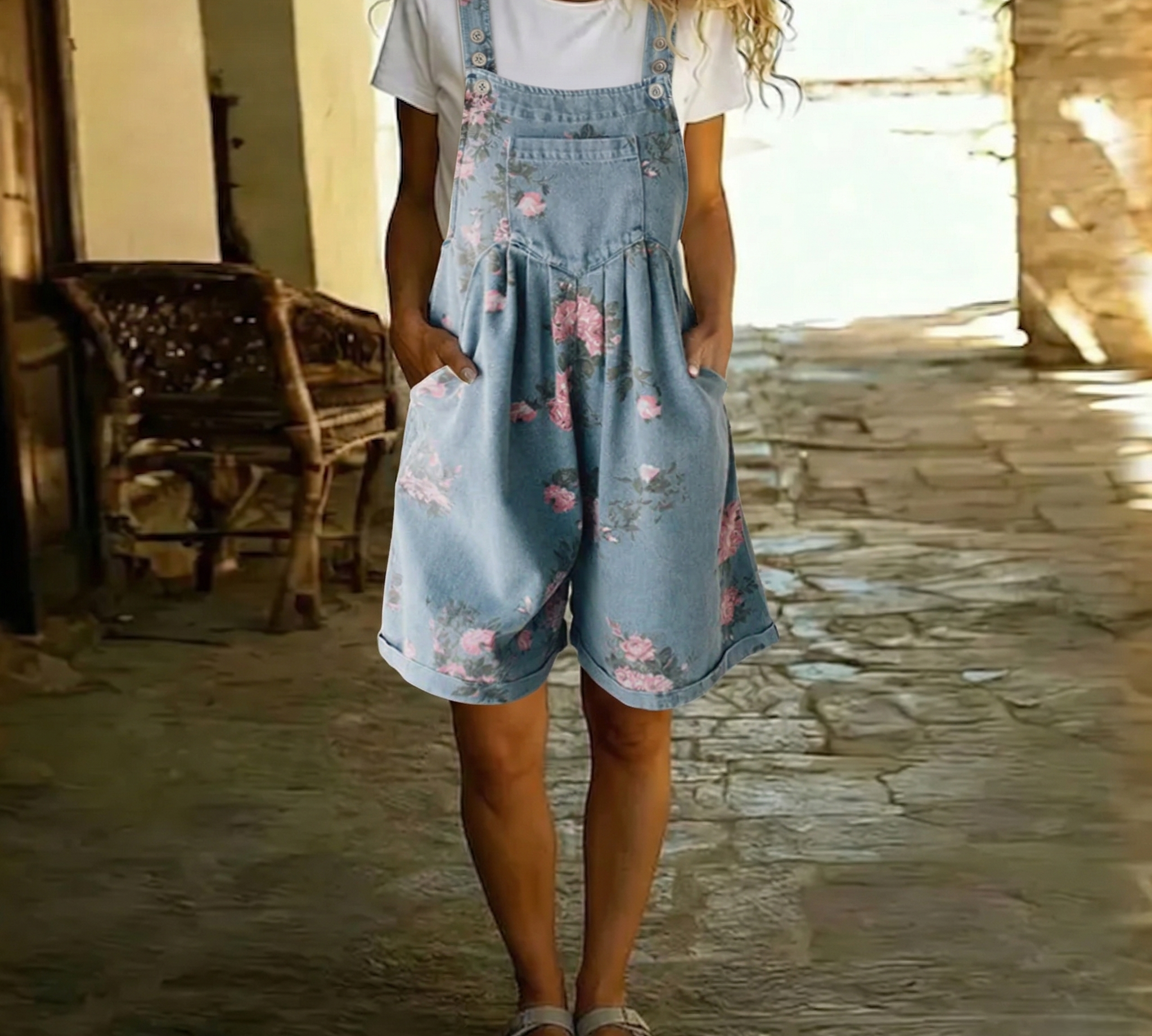 Judy | Vintage Mosott Puha Pamut Érzésű Farmer Virágos Overál Kabát