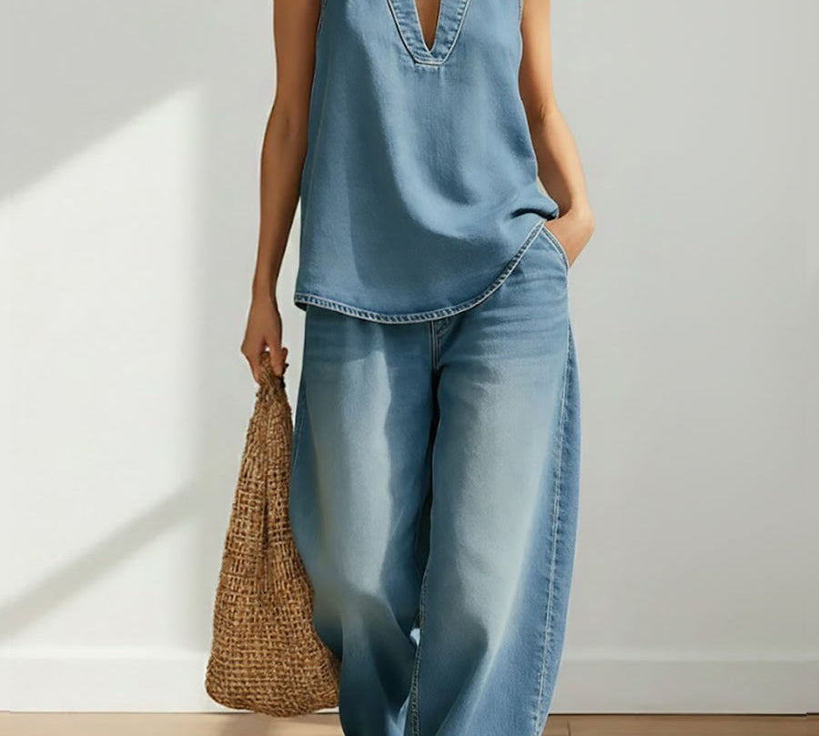 Ibiza | Vintage Mosott Puha Denim-Look Két Részből Álló Szett