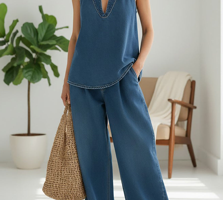 Ibiza | Vintage Mosott Puha Denim-Look Két Részből Álló Szett